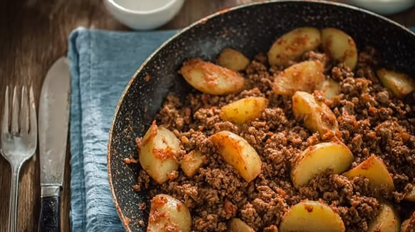 A close-up of a skillet filled with seasoned ground beef and potatoes, ready to be served.