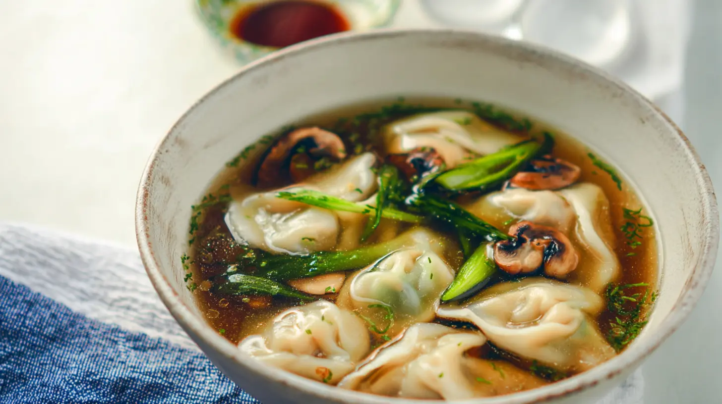 Freshly prepared gyoza soup with green onions