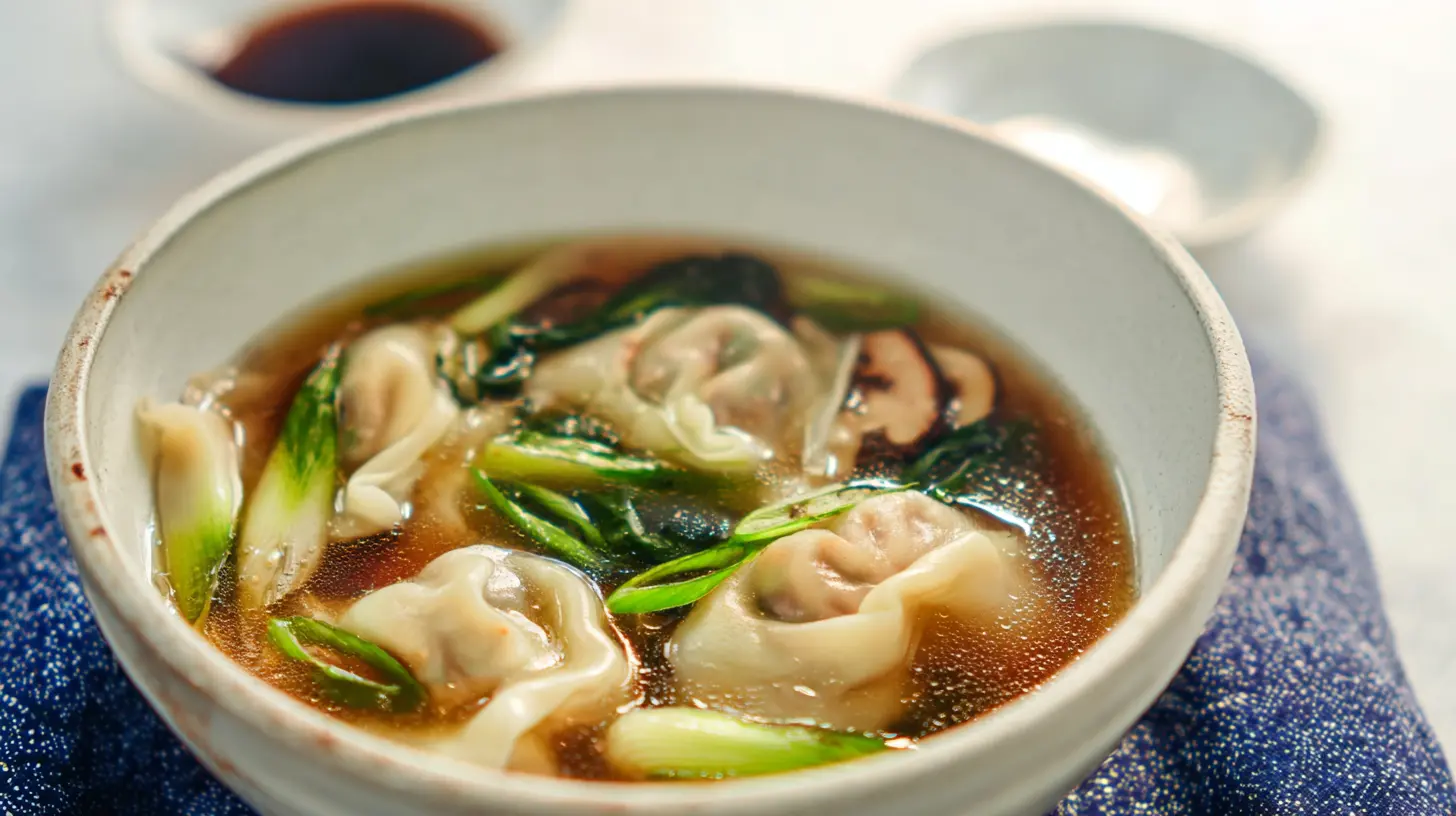 A steaming bowl of gyoza soup with vegetables