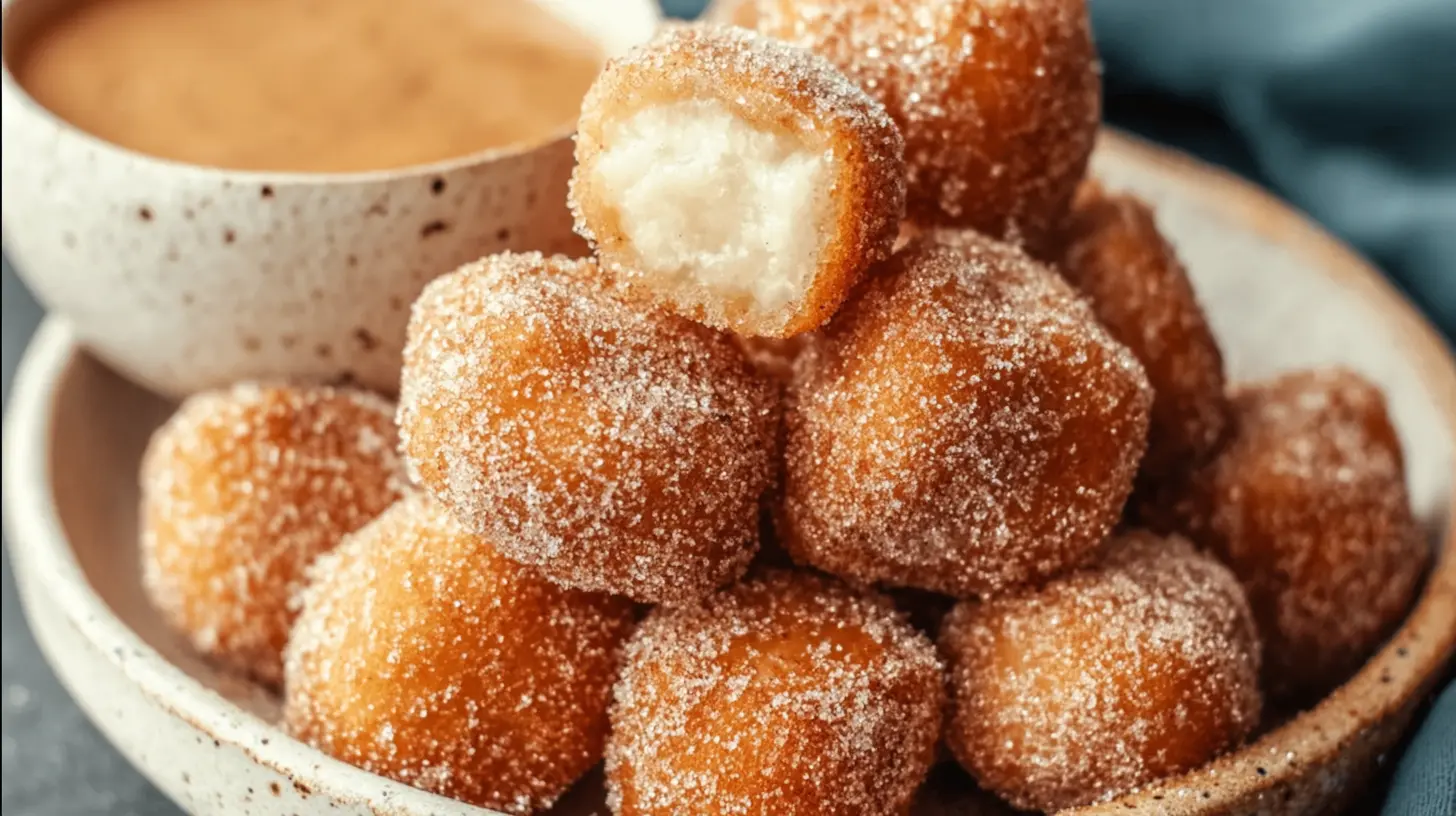 A close-up of healthy air fryer churro bites dusted with cinnamon sugar.