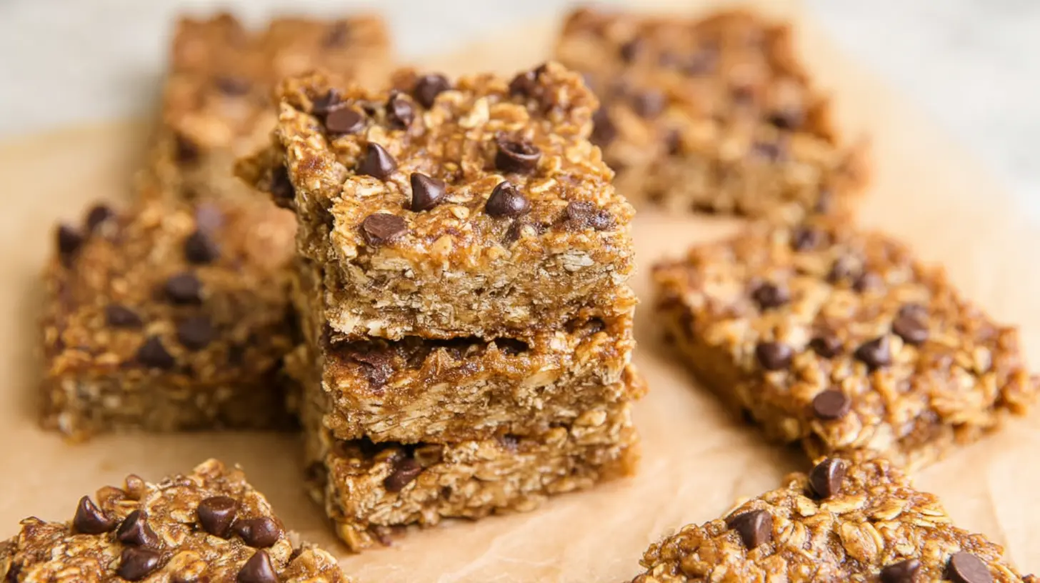 A close-up of a stack of healthy banana oatmeal bars ready to eat