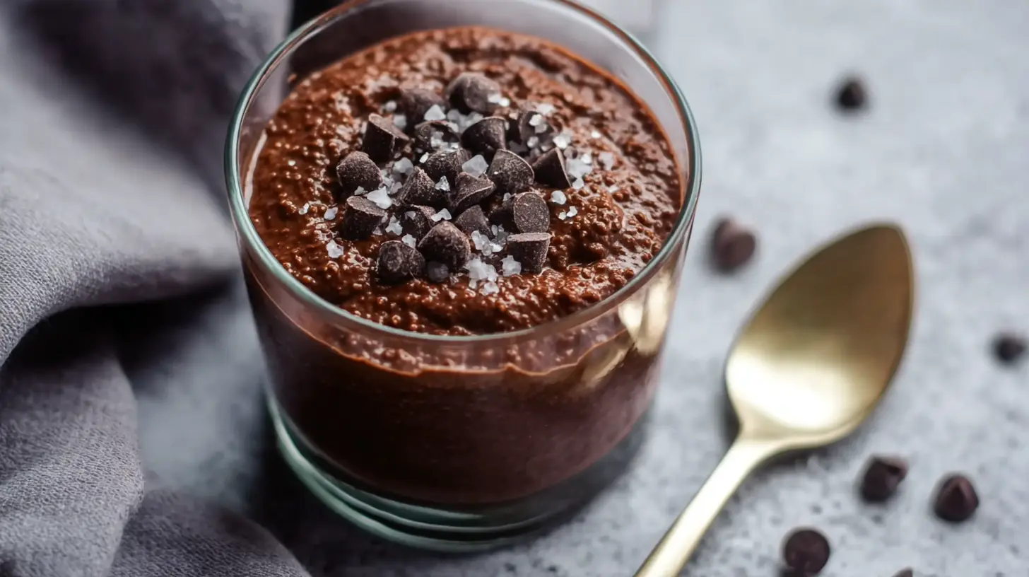 Healthy chocolate protein pudding topped with berries.