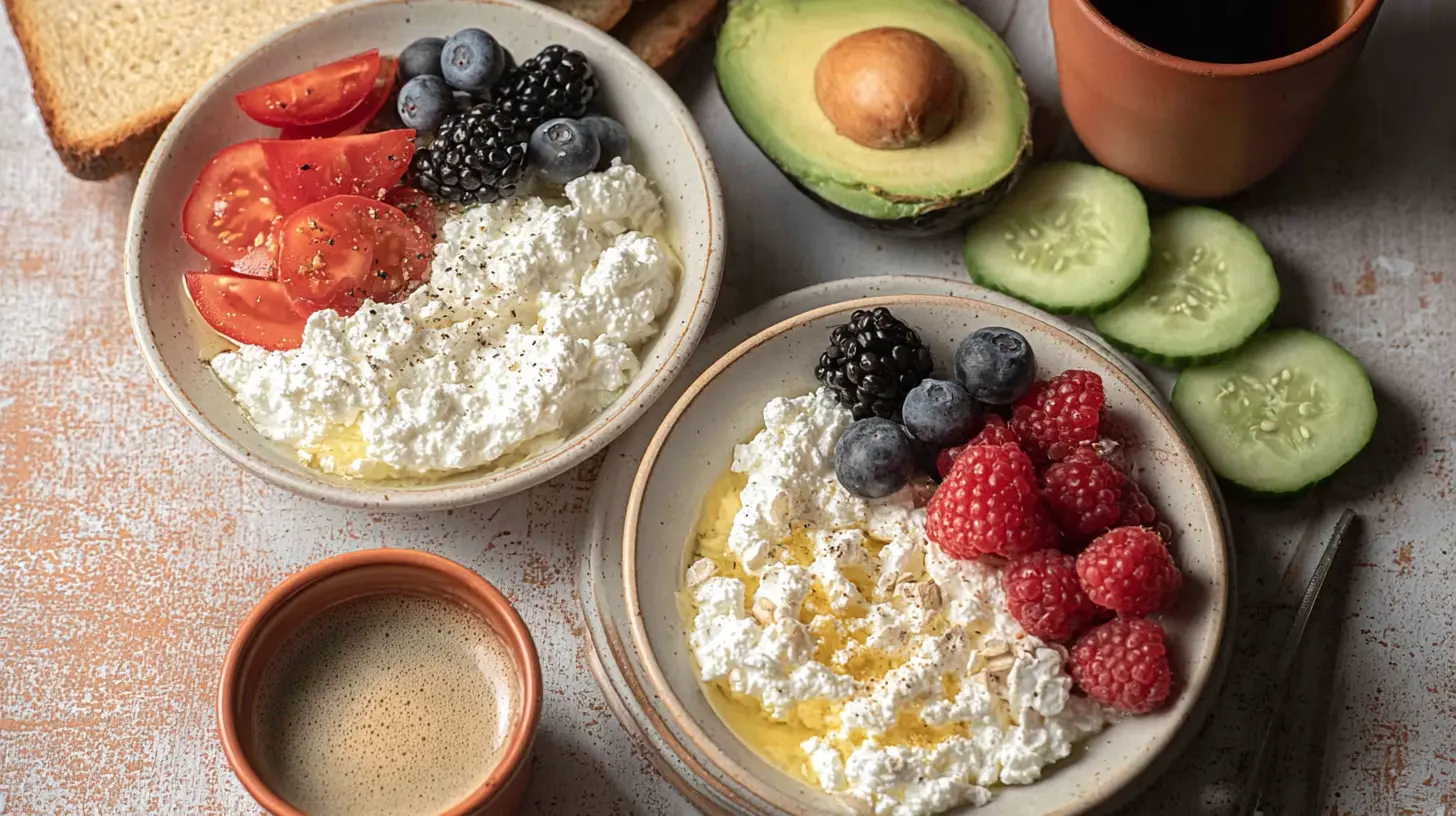 Healthy cottage cheese served with fruit and granola.