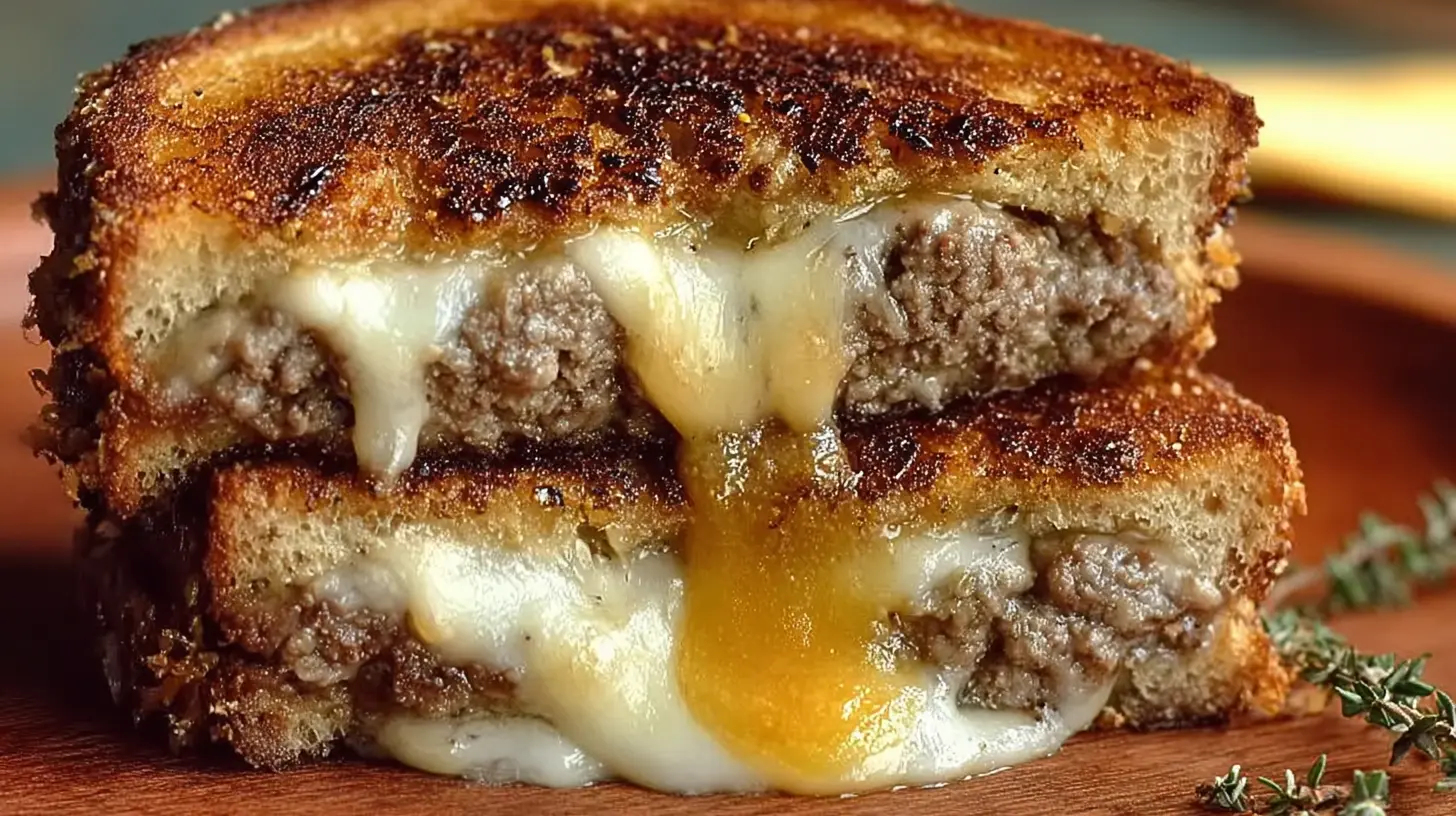 A deliciously hearty ultimate cheesy ground beef melt, overflowing with golden-brown cheese.