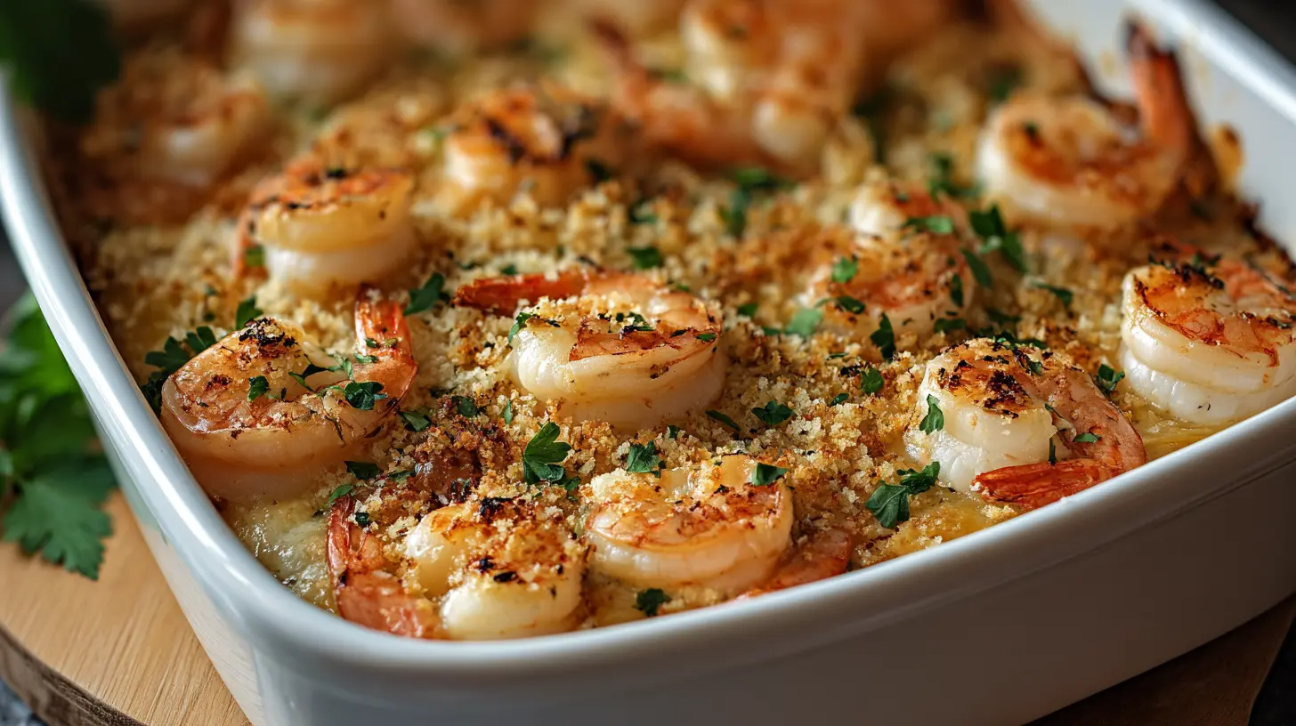 Close-up of a creamy shrimp casserole with herbs