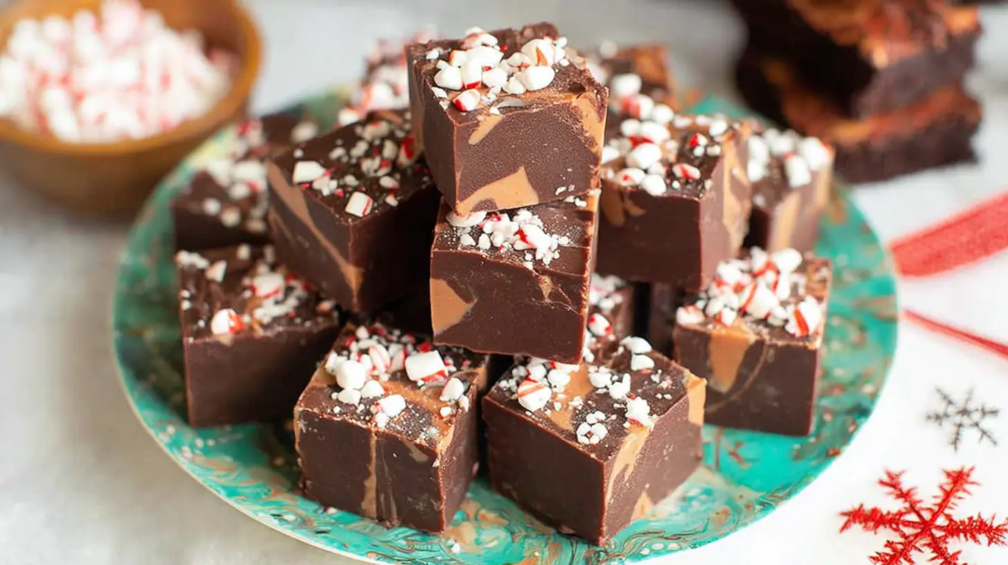 Homemade chocolate peppermint fudge, showcasing its rich texture