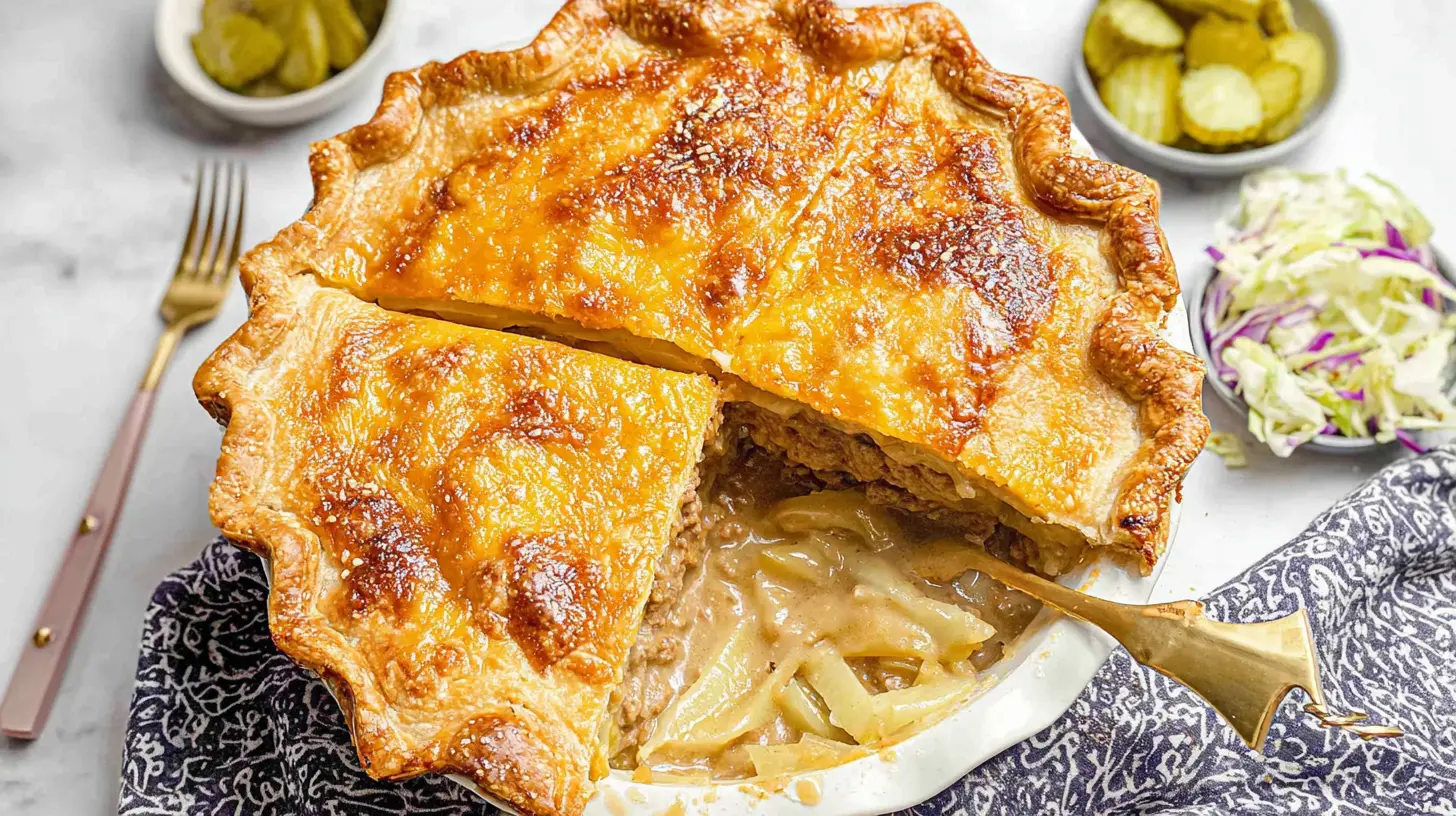 A freshly baked homemade cheeseburger pie with a golden crust and visible cheese topping.