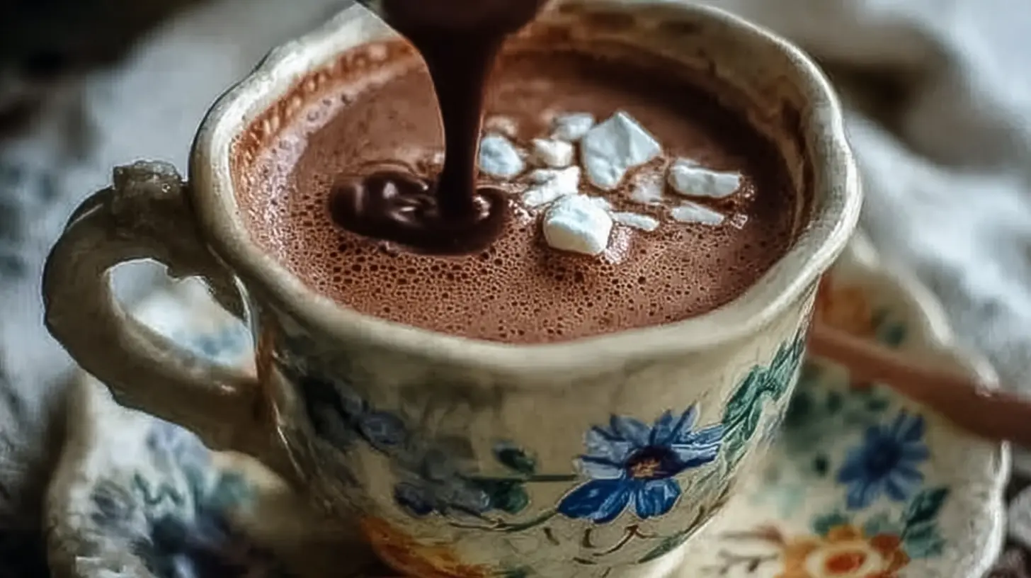 A steaming mug of homemade French hot chocolate adorned with whipped cream