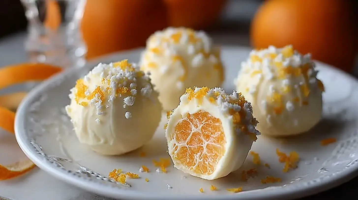 Several homemade creamy orange truffles arranged on a white plate.