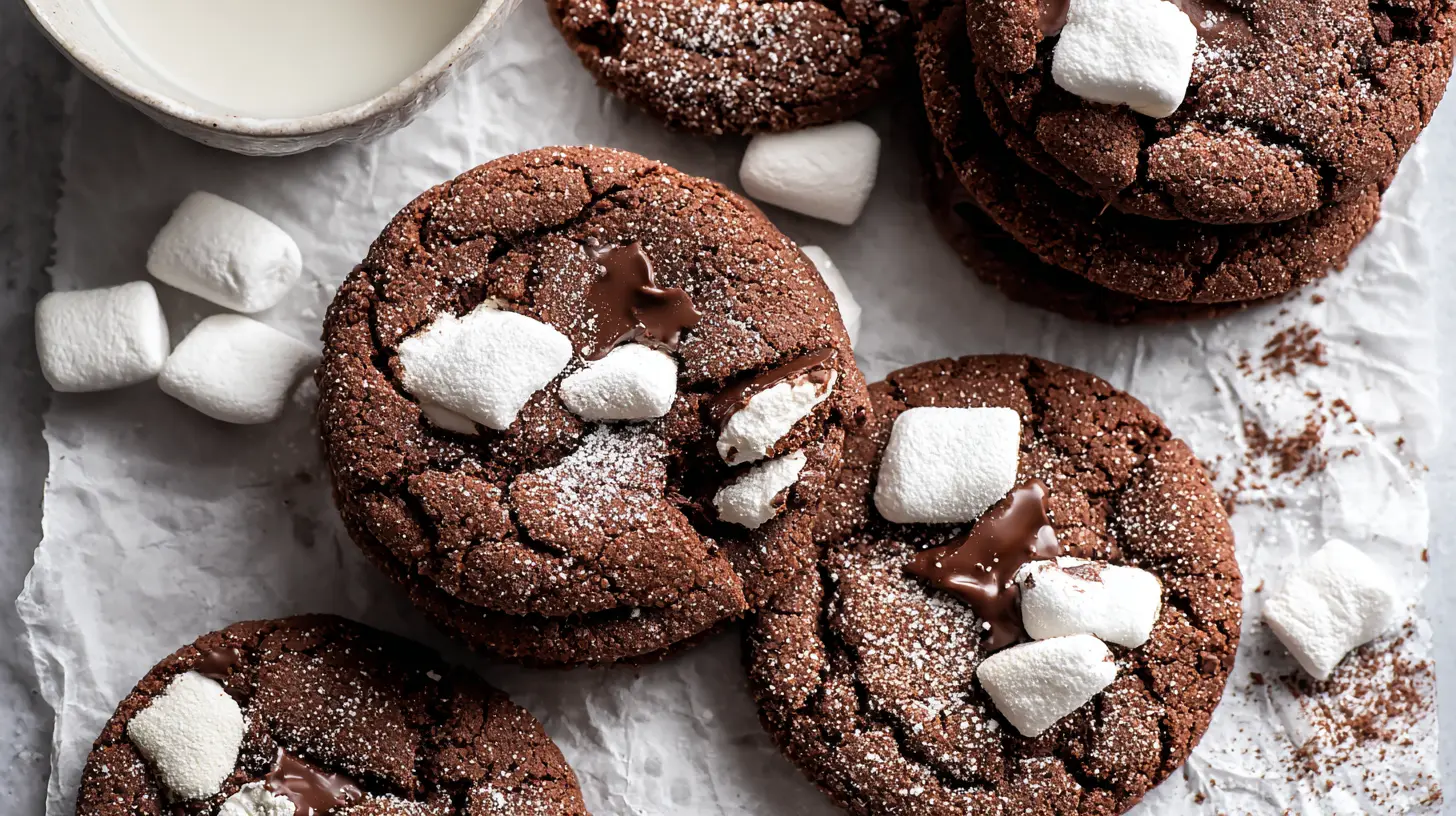 A plate of freshly baked hot chocolate cookies with marshmallows
