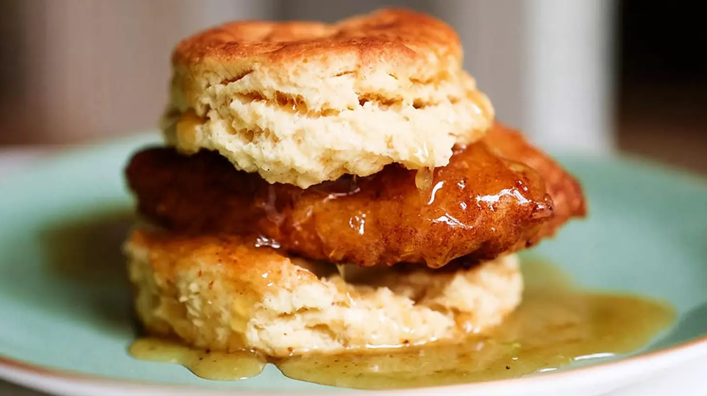 Hot honey chicken biscuits layered with golden fried chicken and a sweet spicy glaze