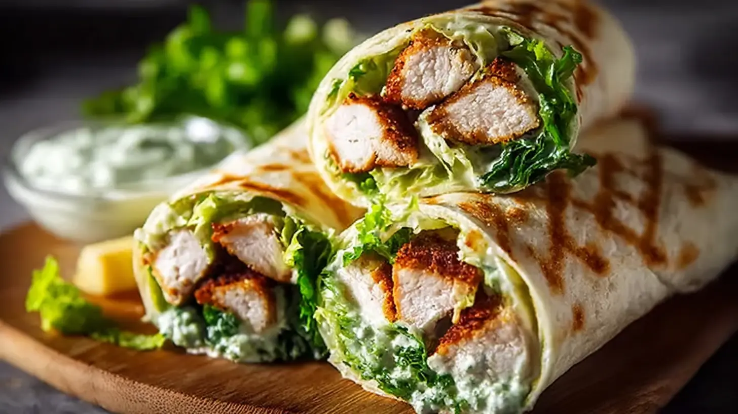 A close-up of an irresistible chicken Caesar wrap, bursting with fresh ingredients