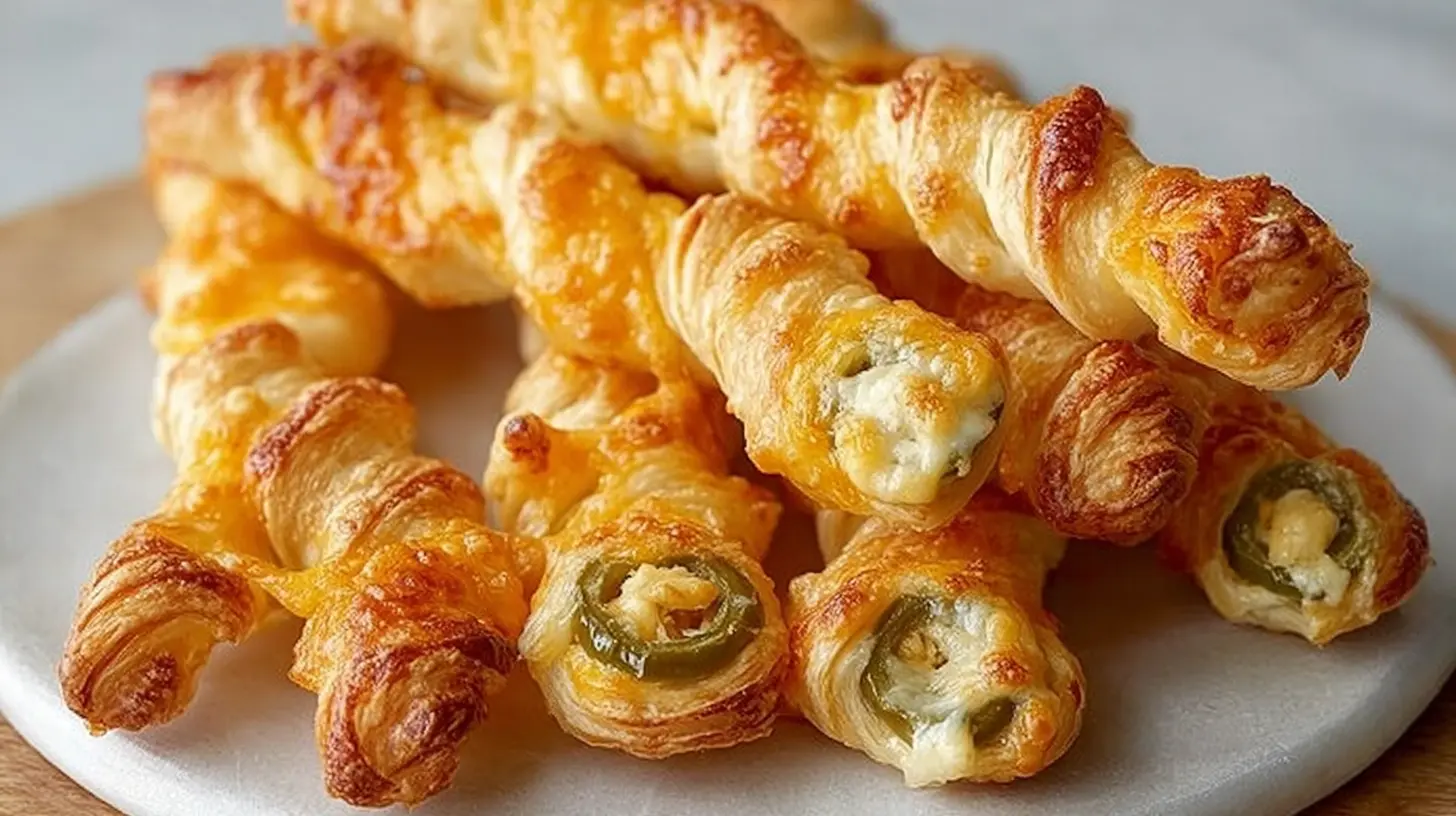 Several golden-brown Jalapeño Popper Twists artfully arranged on a platter.