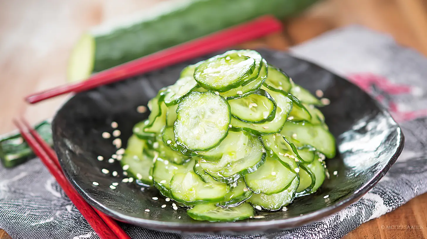 A refreshing Japanese cucumber salad, known as Sunomono, in a bowl.