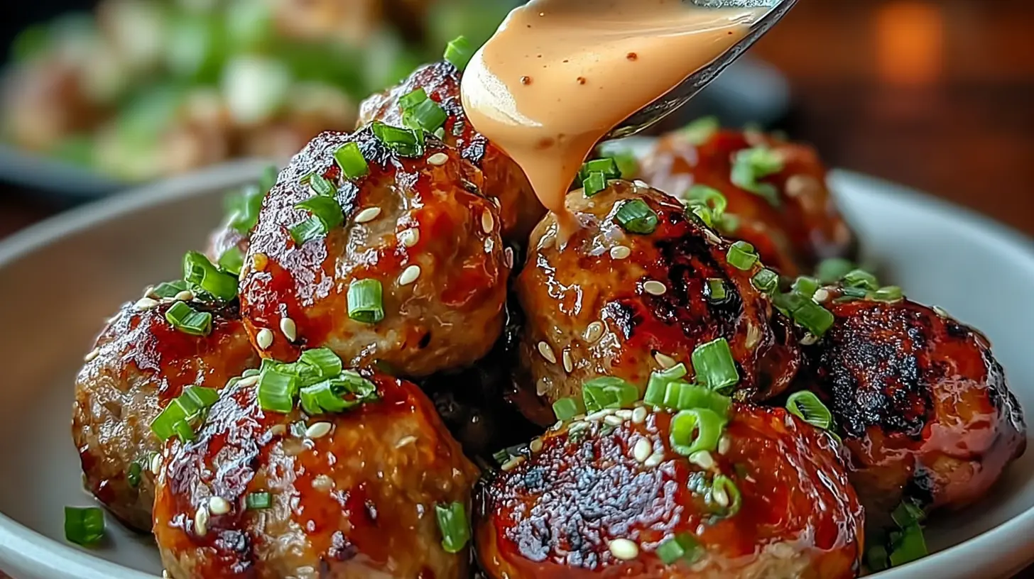 Delicious Korean BBQ meatballs served with a dollop of spicy mayo.
