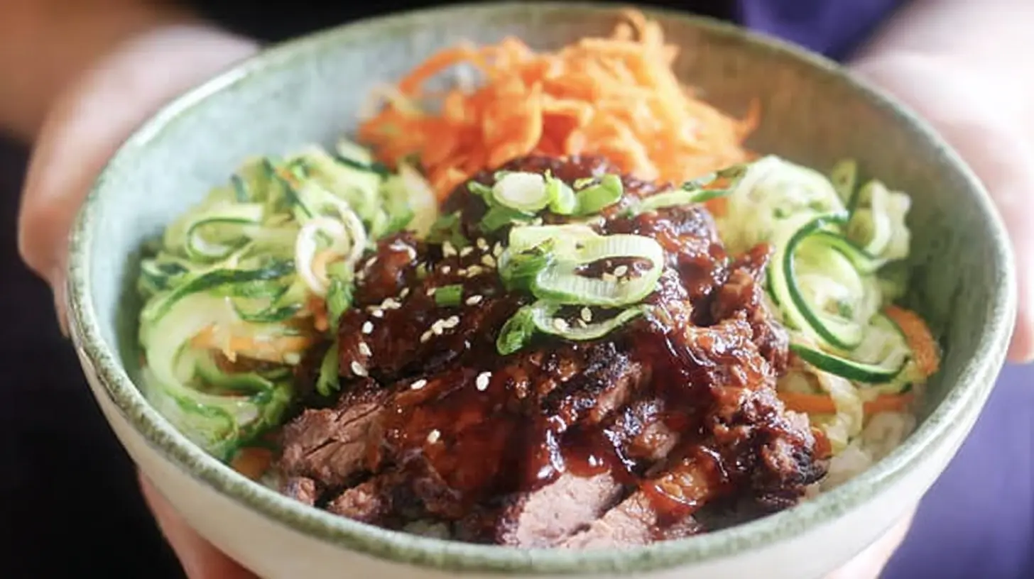 A full shot of delicious Korean BBQ steak rice bowls, beautifully arranged