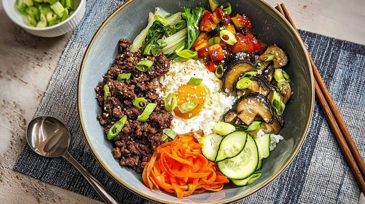 A vibrant Korean beef bibimbap bowl with assorted colorful vegetables