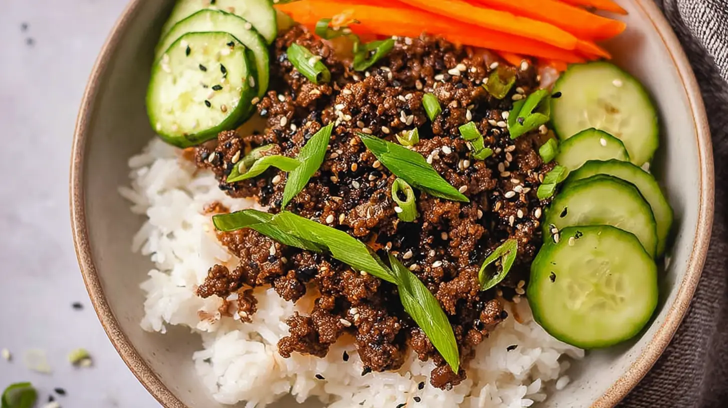 A delicious Korean Ground Beef Bowl topped with fresh green onions and sesame seeds, served in a ceramic bowl.
