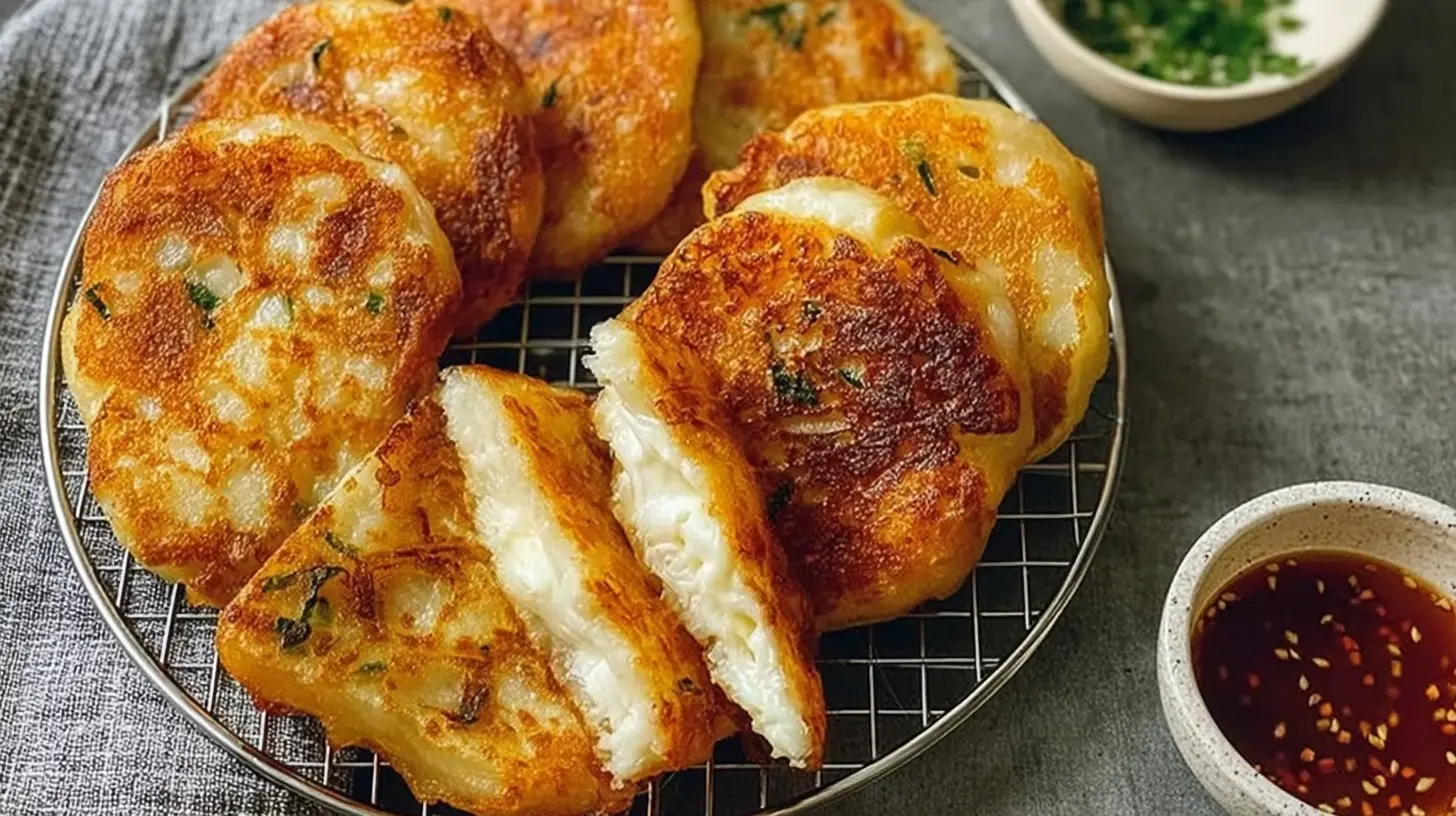 A close-up of a Korean Hotteok Potato Cheese Pancake, golden brown and perfectly cooked.