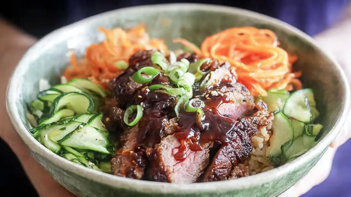 Close-up of Korean BBQ steak rice bowls with fresh ingredients