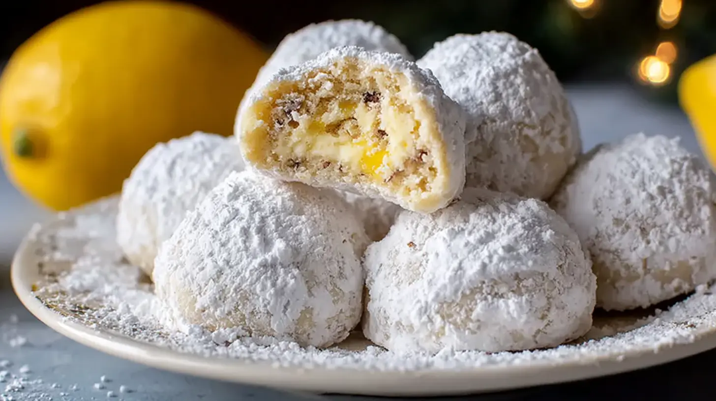 Delicious Lemon Cream Snowball Cookies dusted with powdered sugar