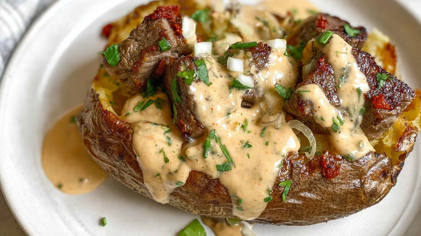 A loaded baked potato topped with tender steak bites and various toppings.