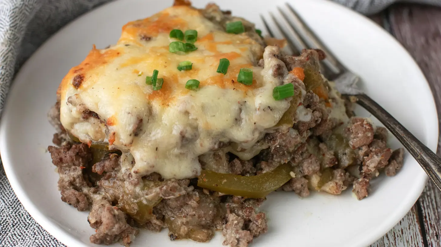 A low carb Philly cheesesteak casserole with melted cheese and steak