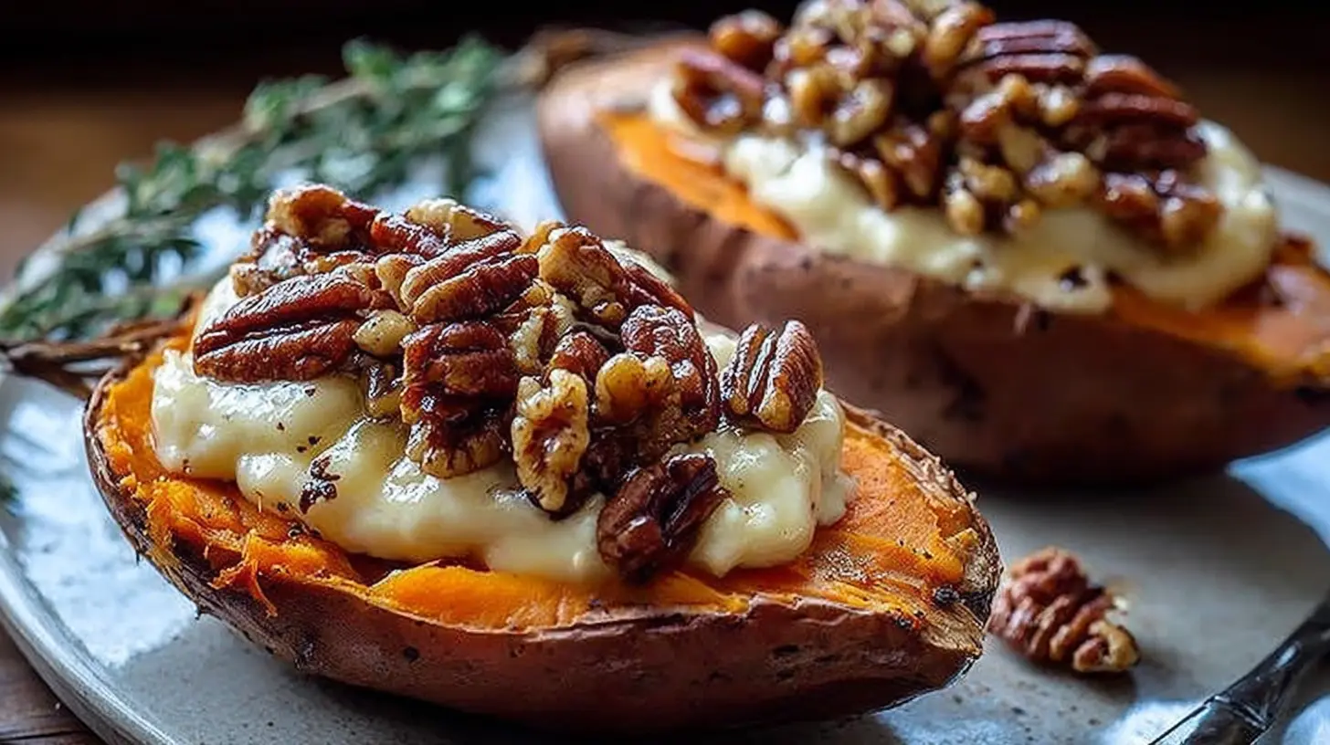 A platter of maple pecan brie sweet potatoes, garnished with fresh herbs