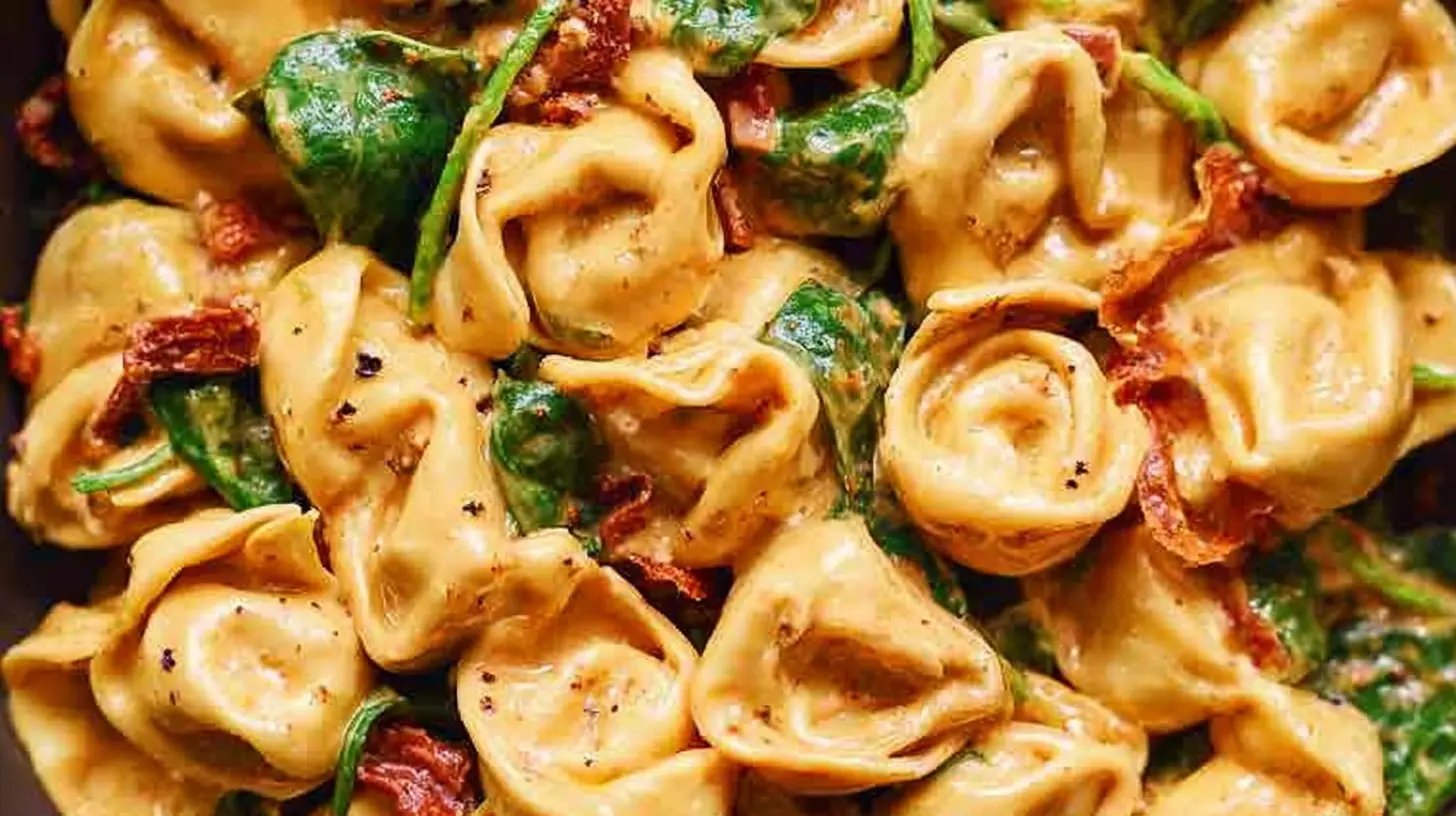 A close-up of creamy Marry Me Tortellini in a bowl, garnished with fresh herbs.