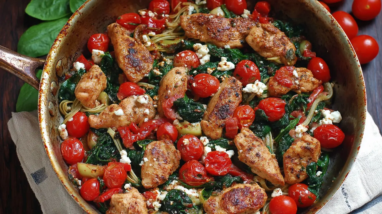 A vibrant Mediterranean chicken stir fry recipe in a skillet.