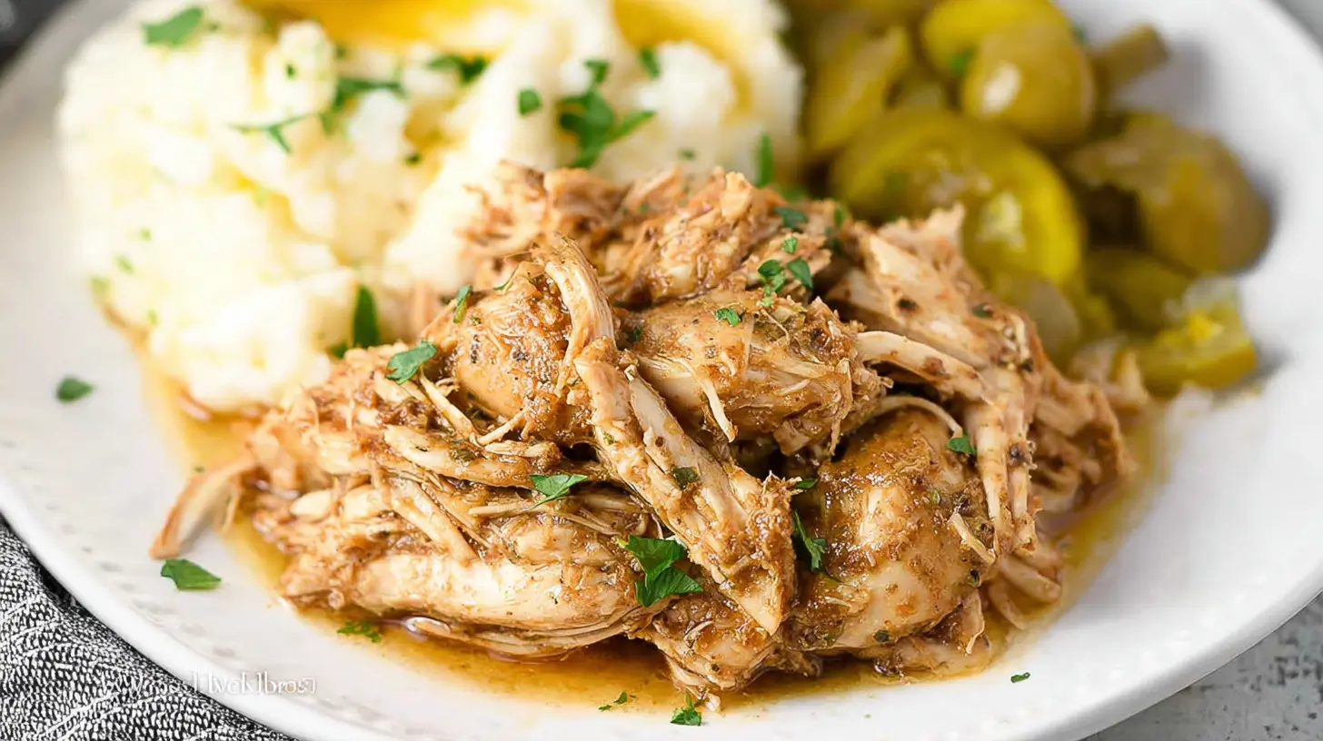 A platter of savory Mississippi Chicken, slow-cooked to perfection