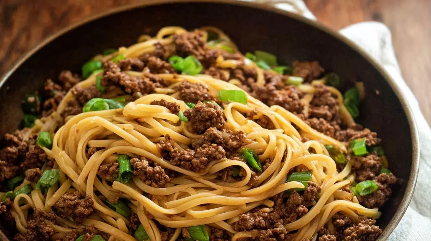 A close-up of Mongolian ground beef noodles in a bowl, showing the savory sauce and tender beef.