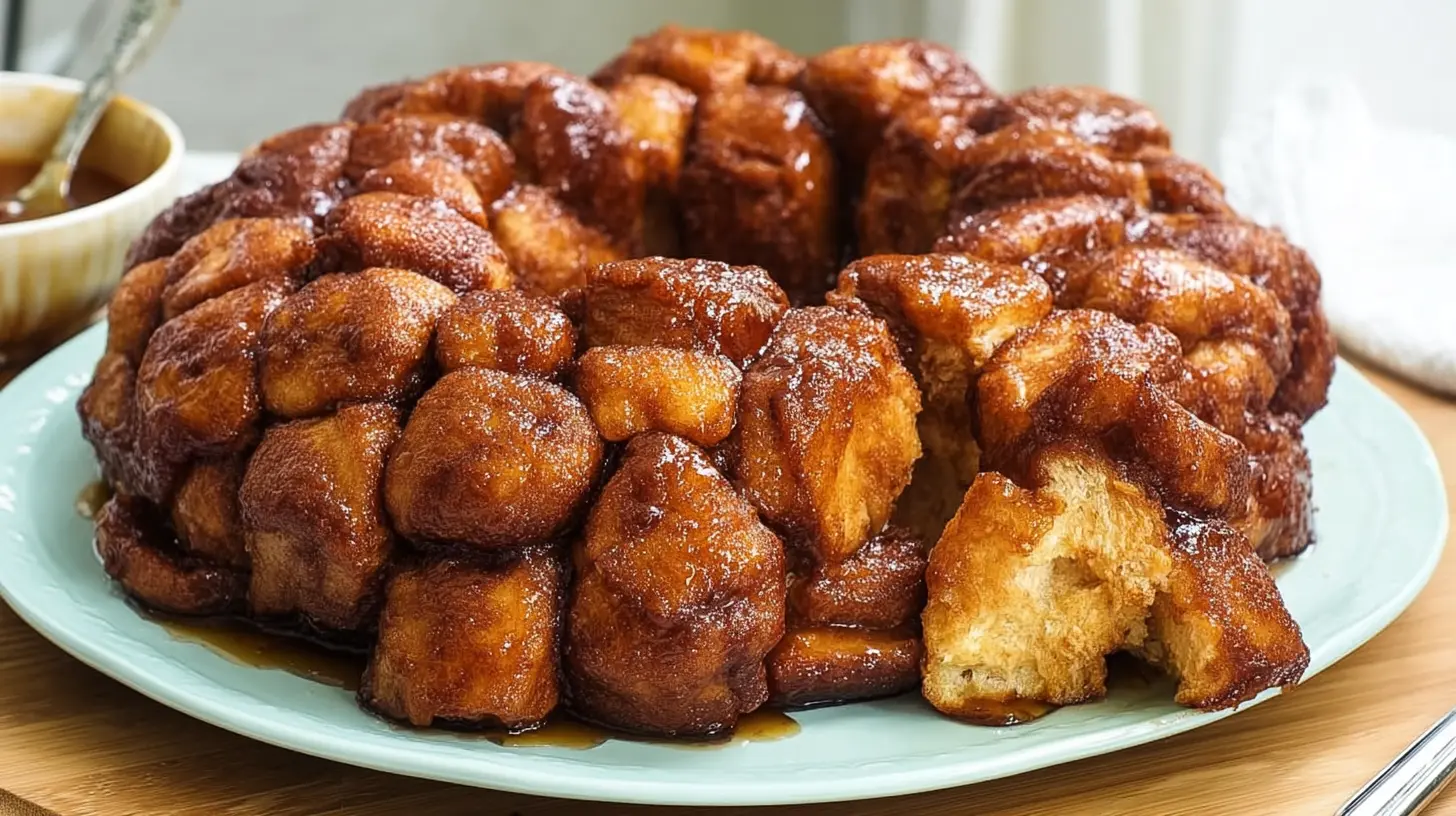 A freshly baked Monkey Bread in a bundt pan, golden brown and glistening