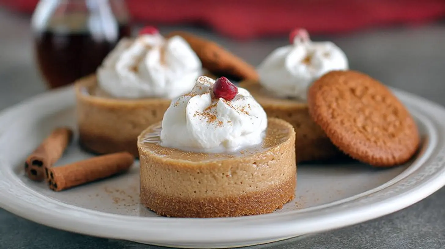 Four individual no-bake gingerbread cheesecake cups, garnished beautifully, on a light background.