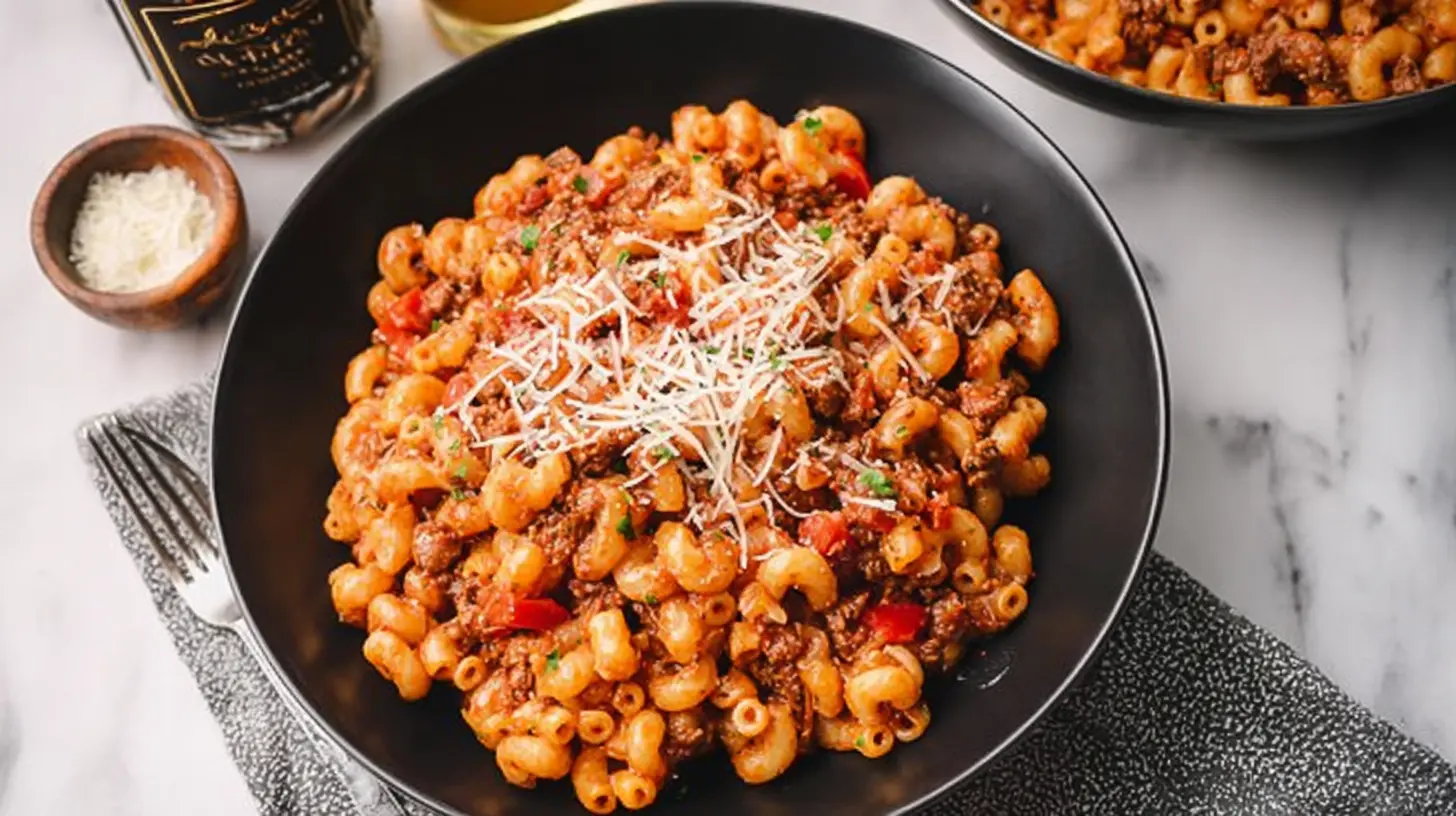 A hearty one pot beefaroni dish simmering on the stove