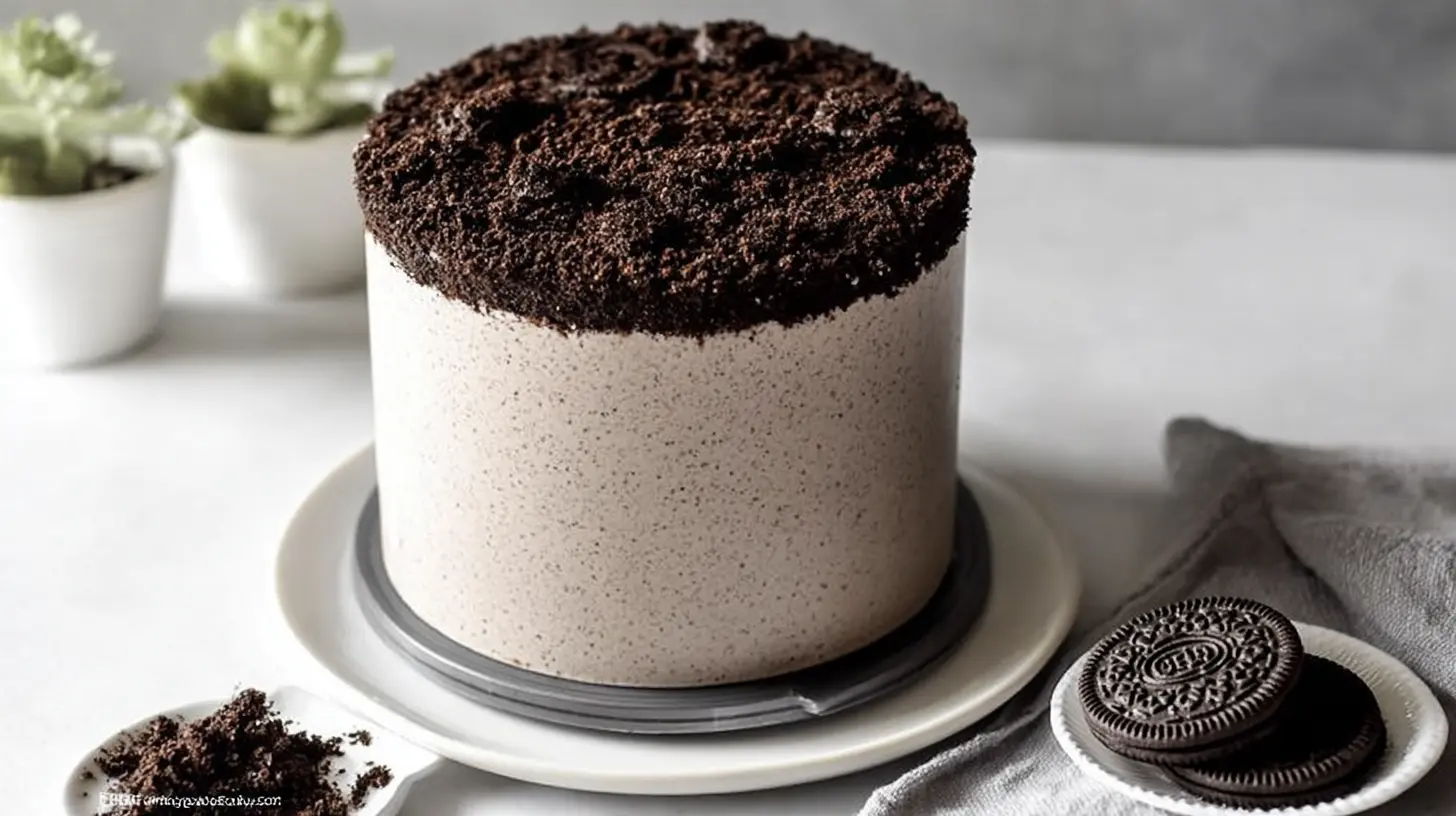 A decadent Oreo cake slice with cookie crumbles and creamy frosting.