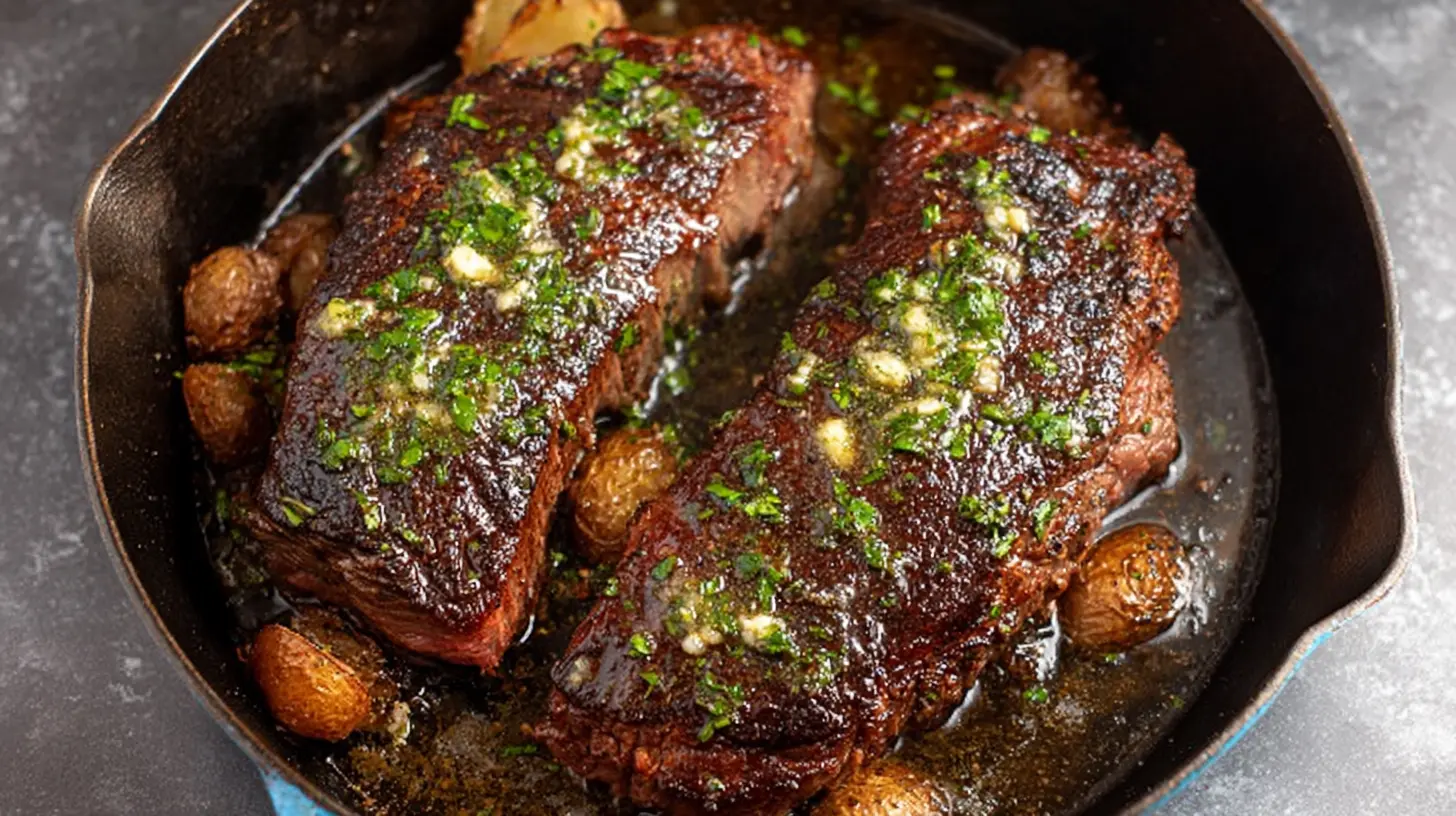 A perfectly pan seared steak glistening with melted garlic butter.