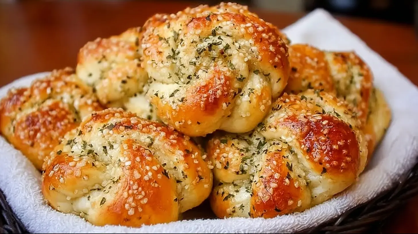 Freshly baked Parmesan garlic knots on a cooling rack.