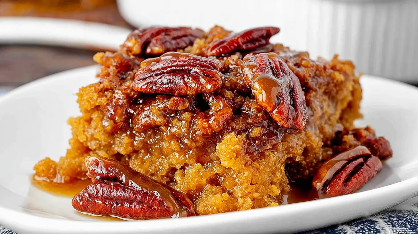 A close-up shot of a baked pecan pie dump cake, showing its golden crust and gooey filling.