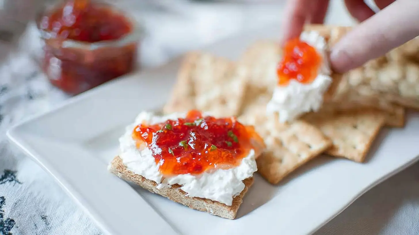 A block of cream cheese topped with vibrant pepper jelly, ready to serve.