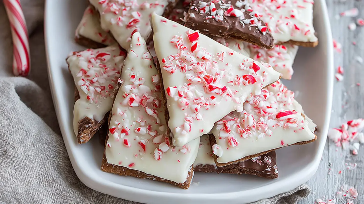 Peppermint crunch white chocolate covered graham crackers arranged on a white plate.