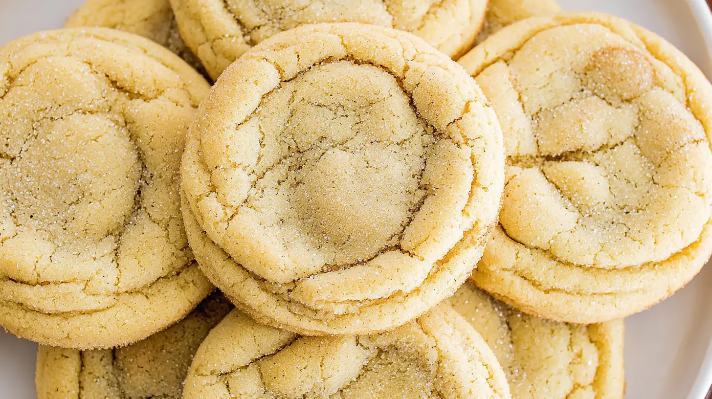 Several freshly baked chewy sugar cookies, perfectly round.
