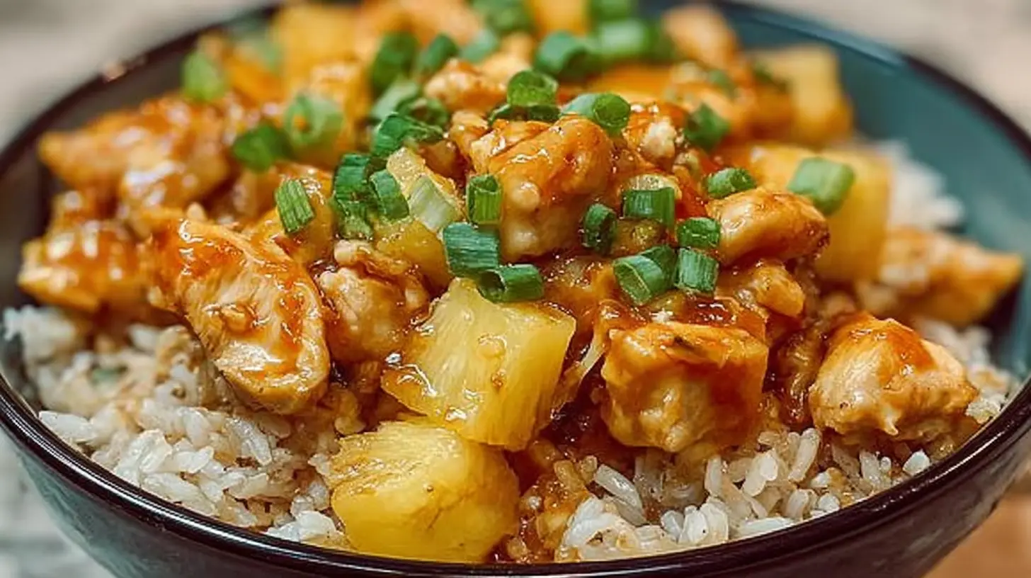 Close-up of pineapple chicken and rice, featuring juicy chicken pieces and tangy pineapple.