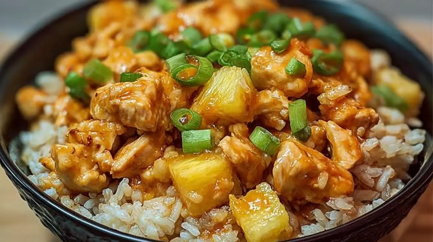 A vibrant plate of pineapple chicken and rice, showcasing colorful ingredients and a delicious glaze.