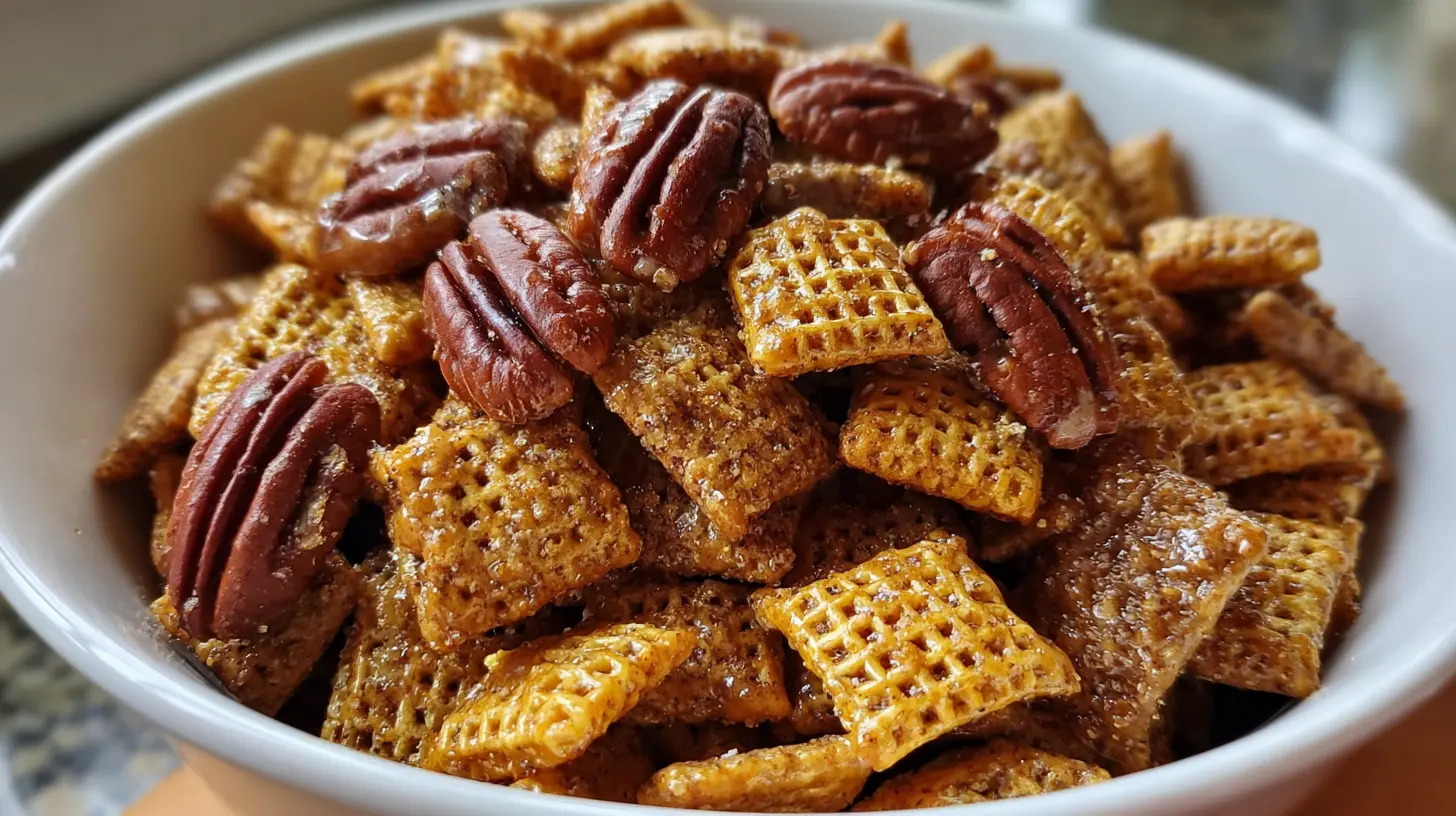 A close-up of delicious praline crunch with nuts and caramel.
