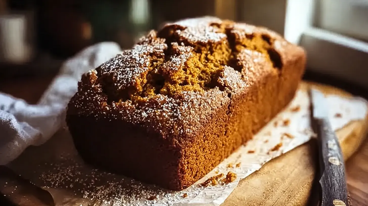 Deliciously moist easy pumpkin bread sliced on a cutting board.
