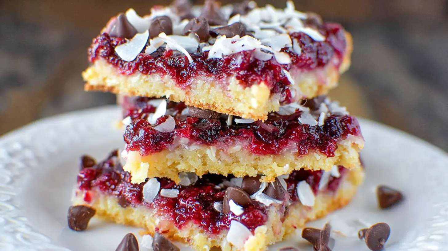 Delicious raspberry coconut magic bars, sweet and colorful