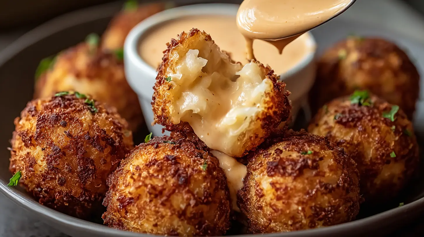 Platter of Reuben Balls with a side of spicy Thousand Island dipping sauce, ready to serve.