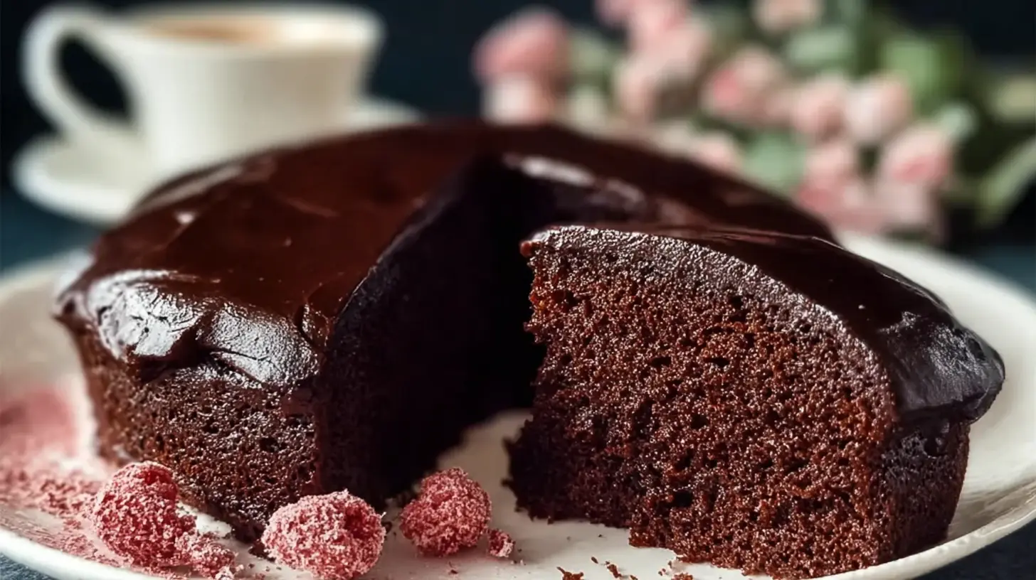 Close-up of a rich, moist chocolate cake with smooth chocolate ganache