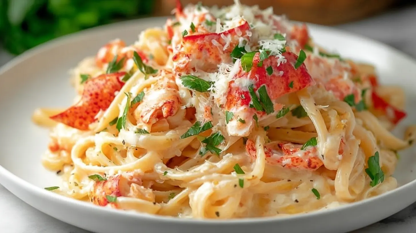 Rich and luscious lobster alfredo pasta dish, garnished with fresh herbs